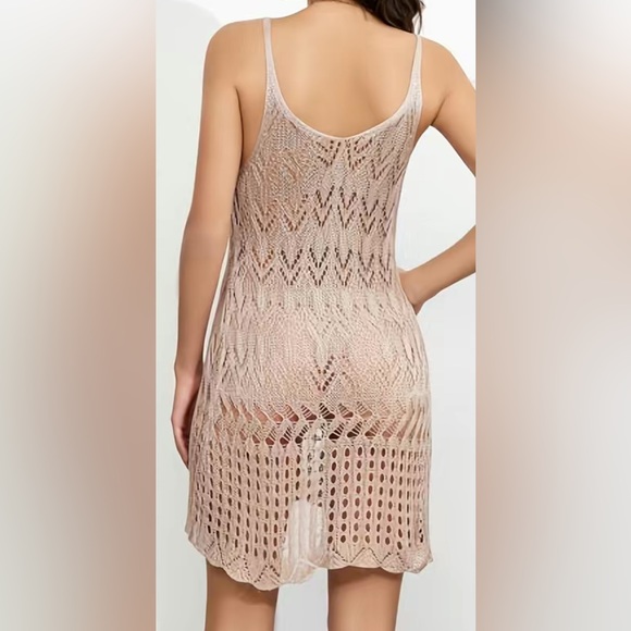 Women's V-Neck Sheer Cover Up Dress - Khaki Hollow Out Crochet Swimwear - Picture 1 of 5